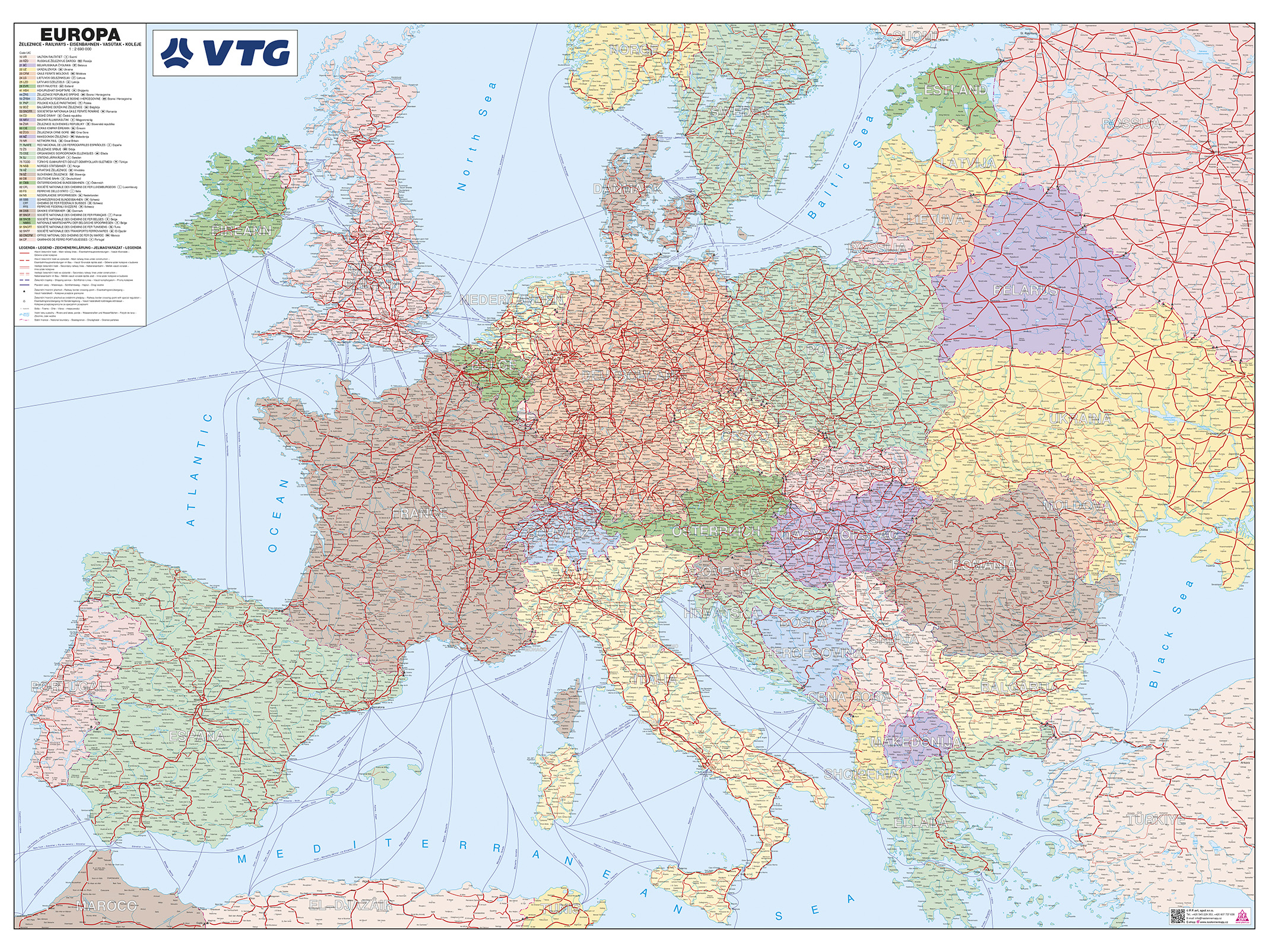 Železniční nástěnná mapa Evropy PF2690 - 2. jakost