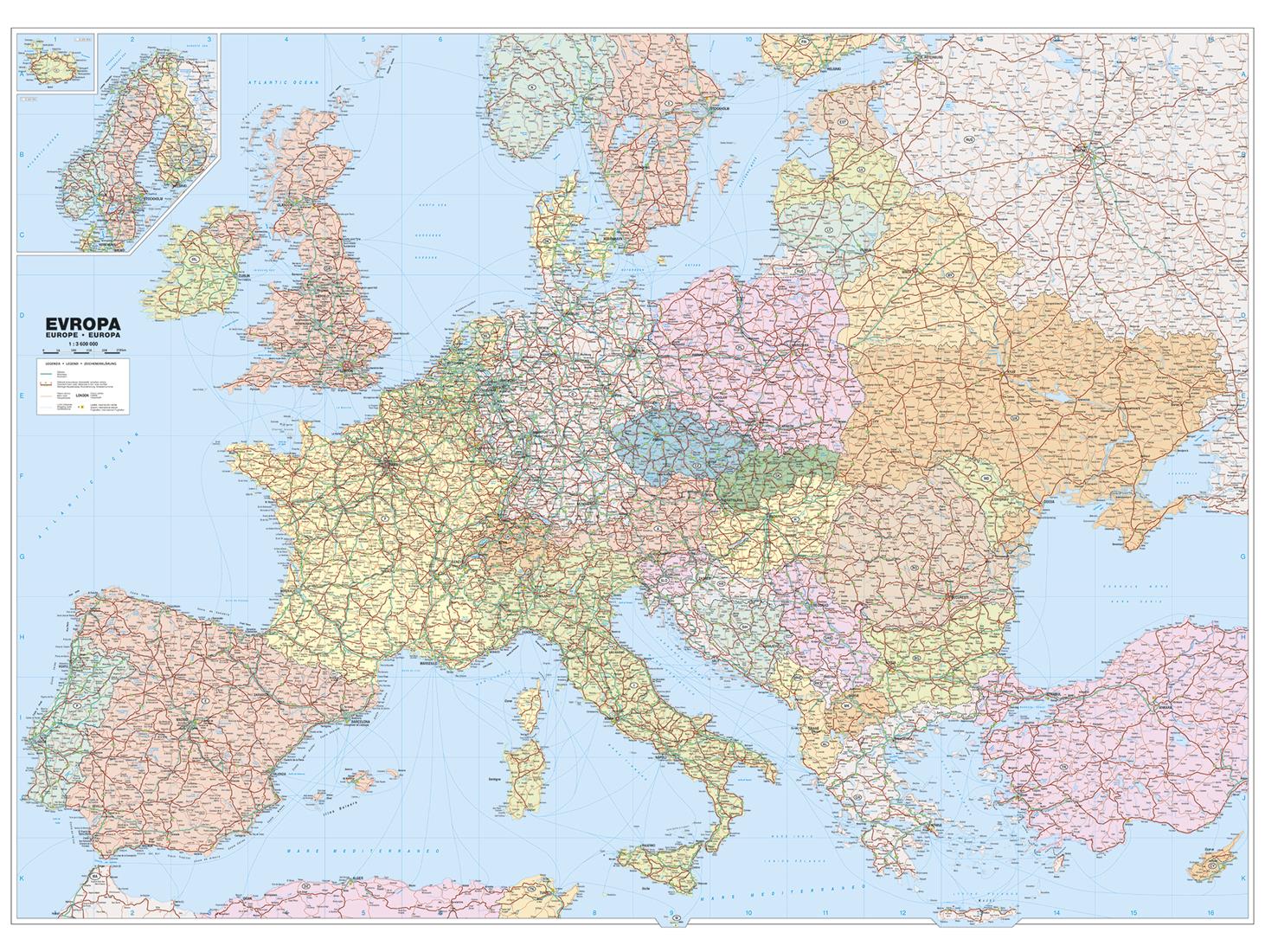 Silniční nástěnná mapa Evropy PF3600 - výprodej