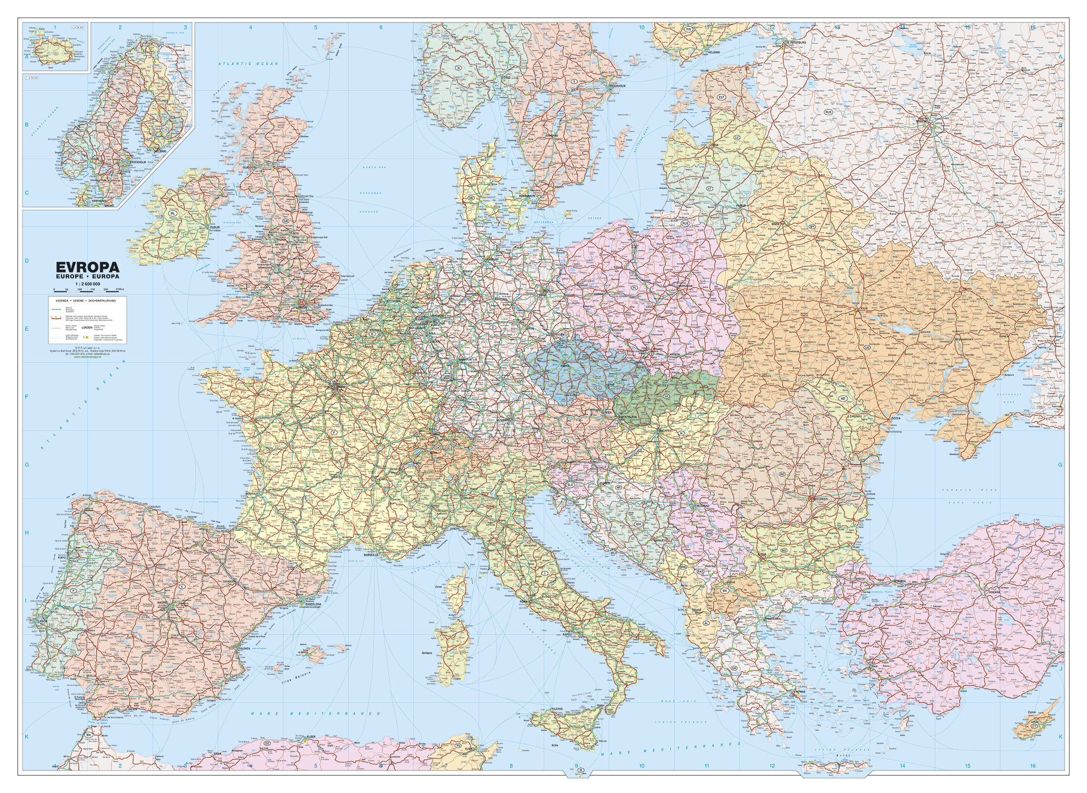 Silniční nástěnná mapa Evropy PF2600 - výprodej