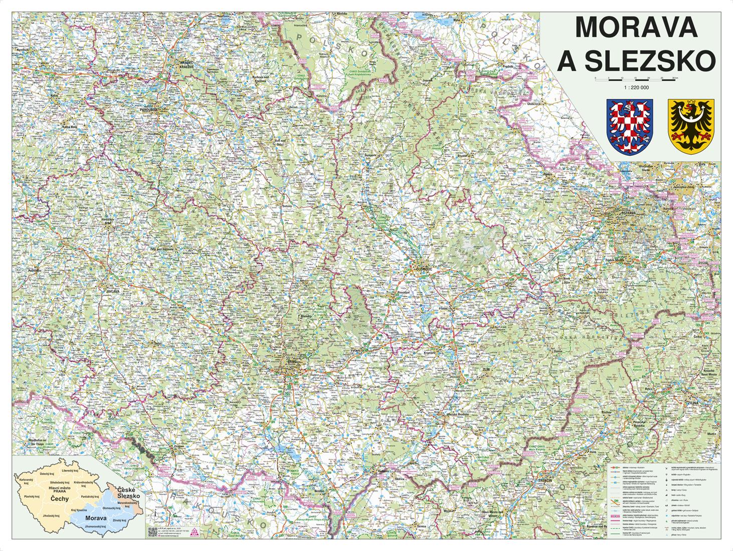 Silniční nástěnná mapa Moravy a Slezska