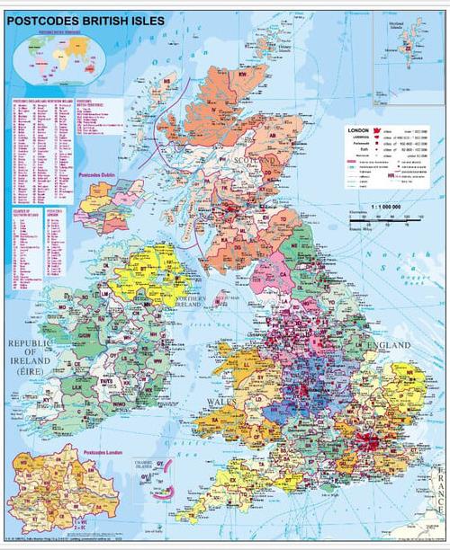 Spediční nástěnná mapa PSČ Britské ostrovy