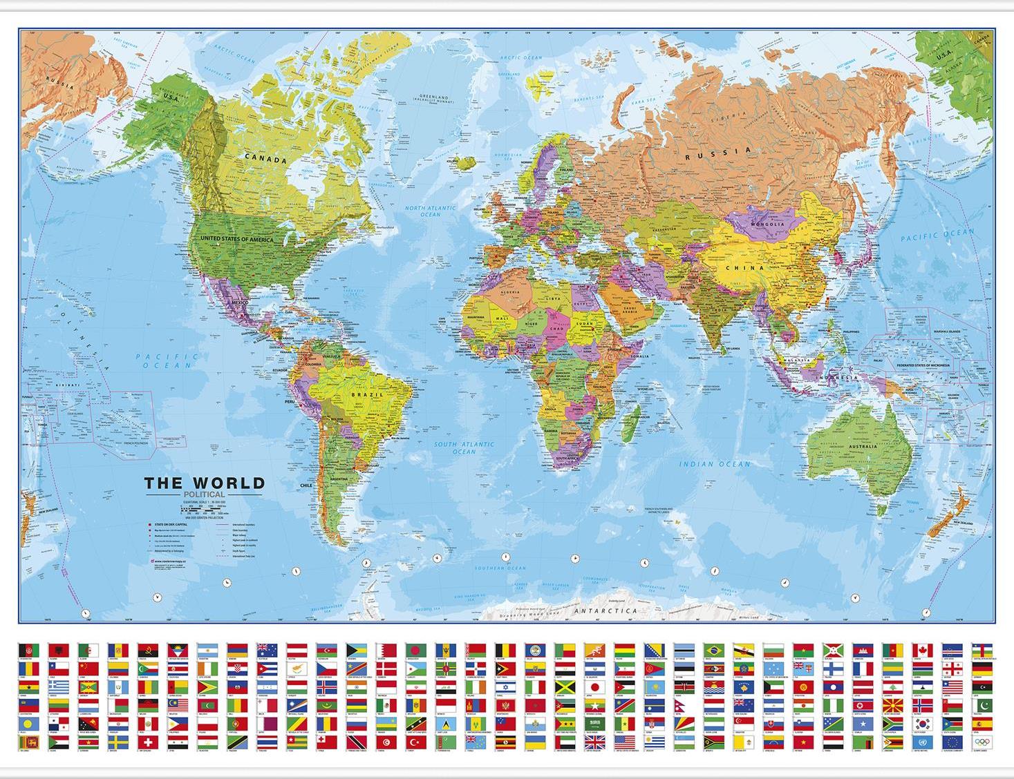 Politická nástěnná mapa světa s vlajkami