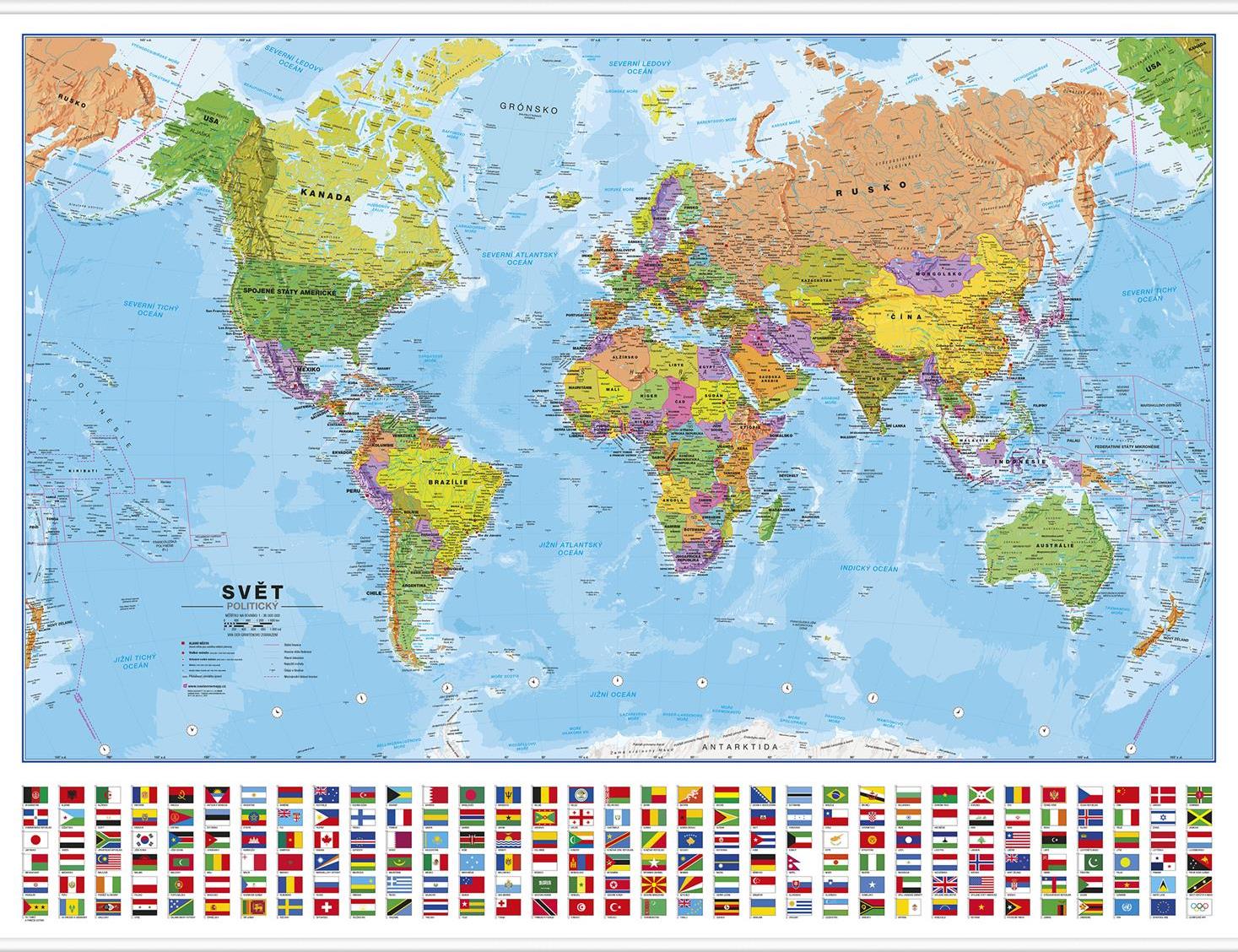 Politická nástěnná mapa světa v ČJ s vlajkami