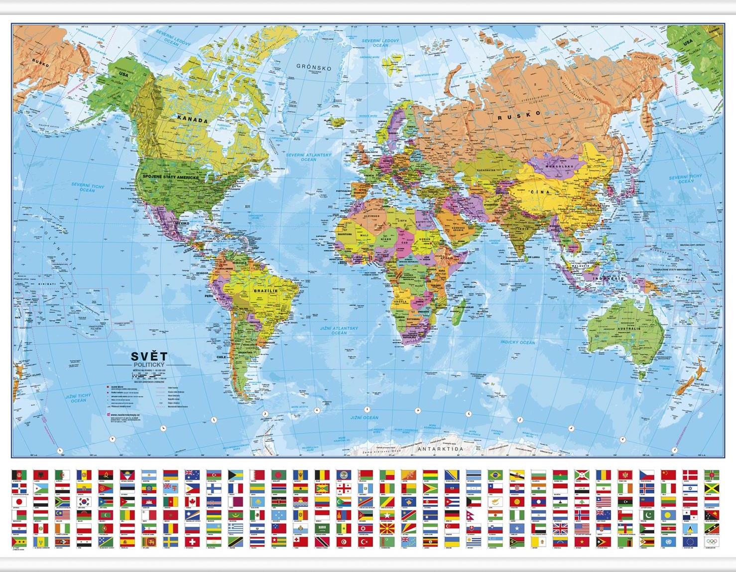 Politická nástěnná mapa světa v ČJ s vlajkami